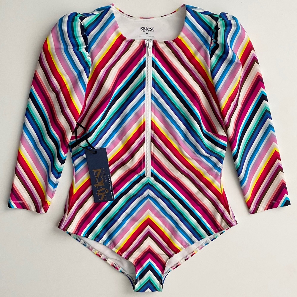 Stylest Nwt Dreamsculpt Puff Sleeve Zip One Piece Rainbow Gradient Swimsuit